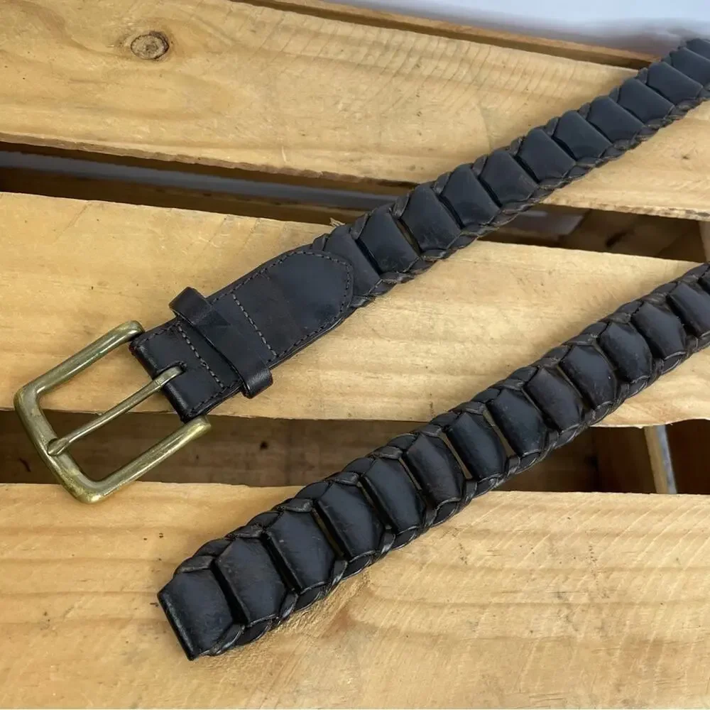 Orvis dark brown leather chain link belt men's size 46 solid brass buckle
